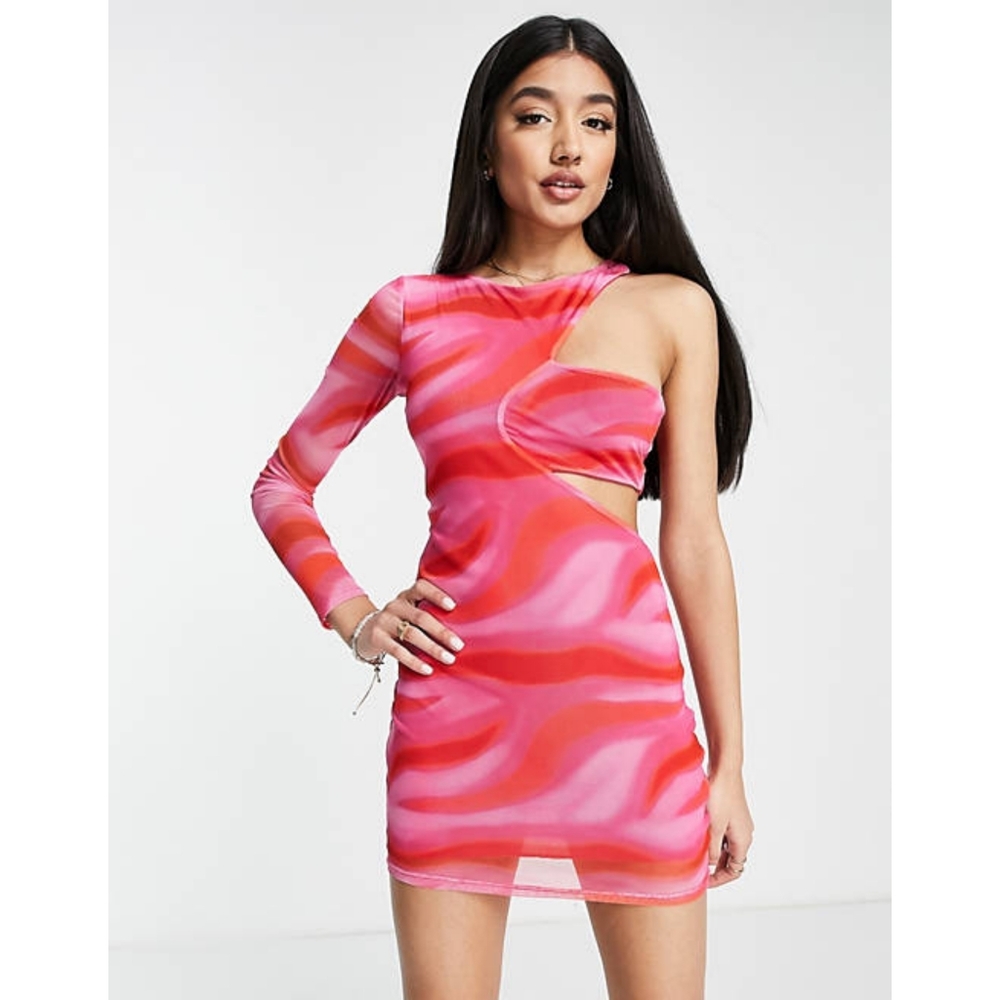 Pull & Bear Womens Asymmetric One Shoulder Cut Out Mesh Pink Mini Dress Size L